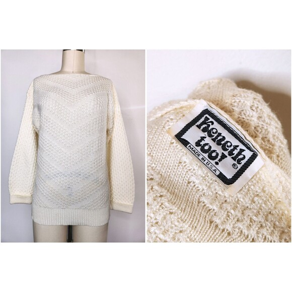 Vintage Ivory Sweater by Keneth Too made in USA - Chevron Design Sweater  XS S - Picture 1 of 9